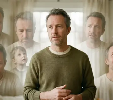 Mann mit verschiedenen emotionalen Gesichtsausdrücken als Symbol für innere Anteile und Entscheidungsfindung
