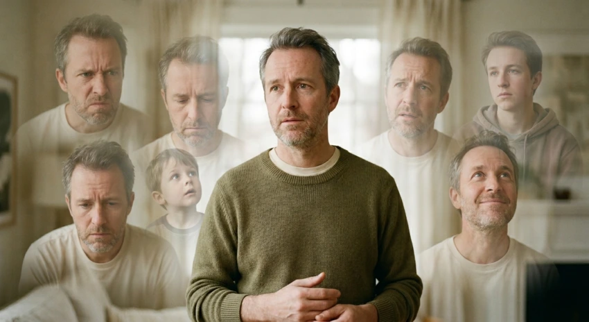 Mann mit verschiedenen emotionalen Gesichtsausdrücken als Symbol für innere Anteile und Entscheidungsfindung