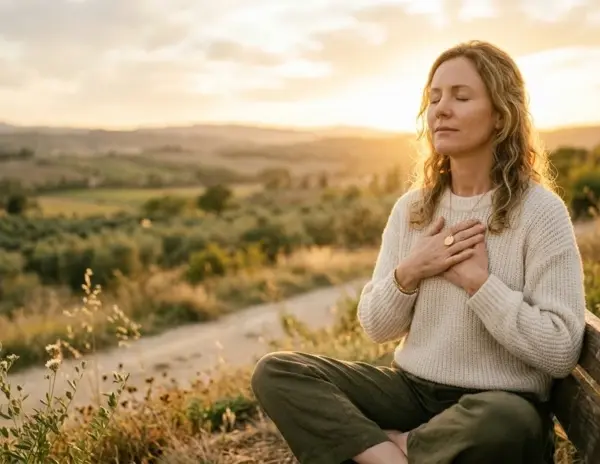 Frau sitzt mit geschlossenen Augen in der Natur und legt die Hände auf ihr Herz – Symbolbild für Achtsamkeit, persönliche Werte und Selbstreflexion 