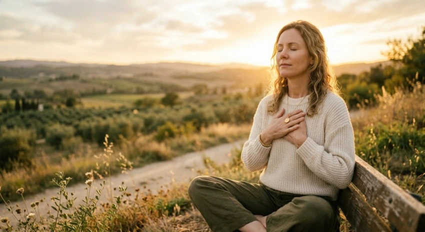 Frau sitzt mit geschlossenen Augen in der Natur und legt die Hände auf ihr Herz – Symbolbild für Achtsamkeit, persönliche Werte und Selbstreflexion