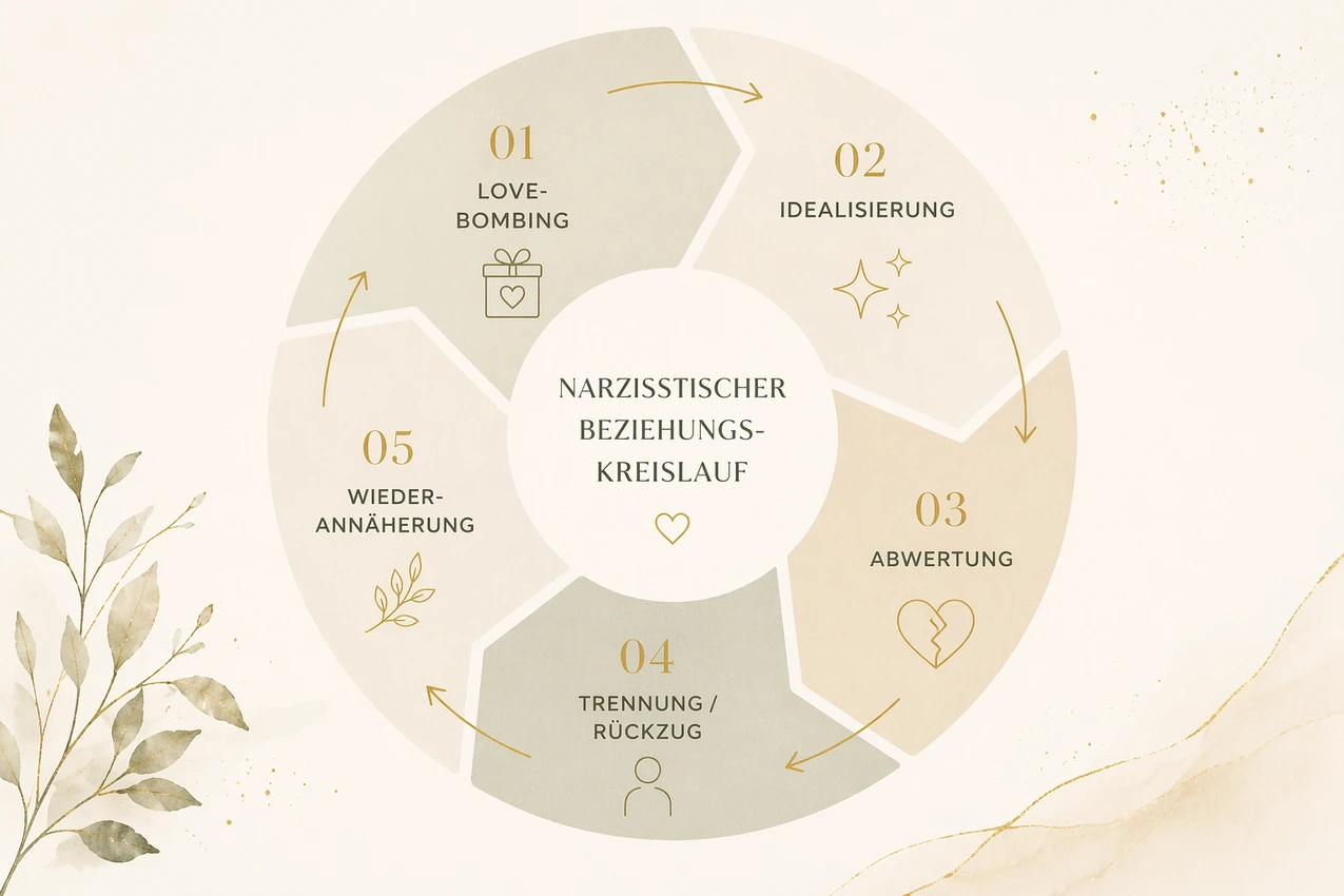 Grafik zeigt den narzisstischen Beziehungskreislauf mit den Phasen Lovebombing, Idealisierung, Abwertung, Rückzug und Wiederannäherung