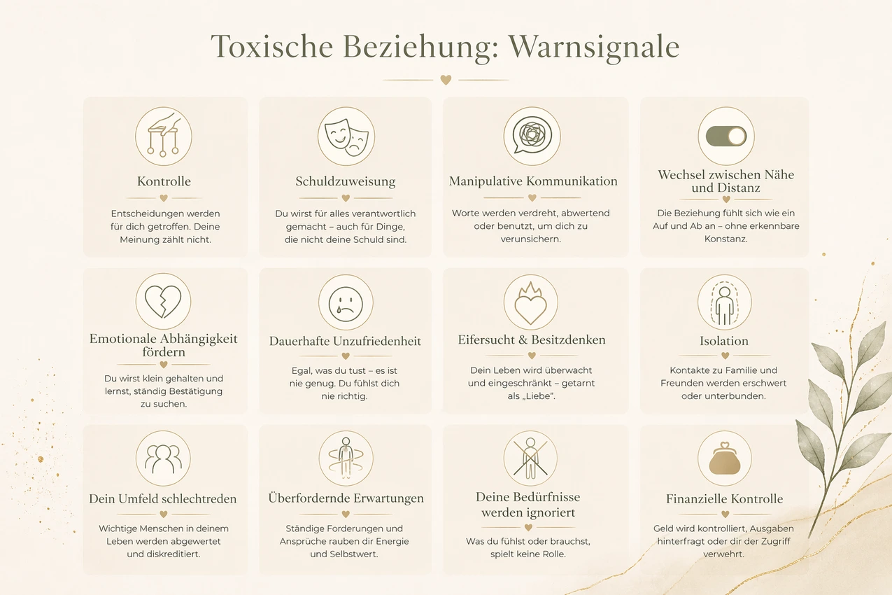 Übersichtsgrafik zeigt typische Warnsignale einer toxischen Beziehung wie Kontrolle, Schuldzuweisung, emotionale Abhängigkeit und Isolation