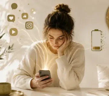 Frau blickt erschöpft auf Smartphone – Auswirkungen von Social Media auf Gehirn, Psyche und Nervensystem