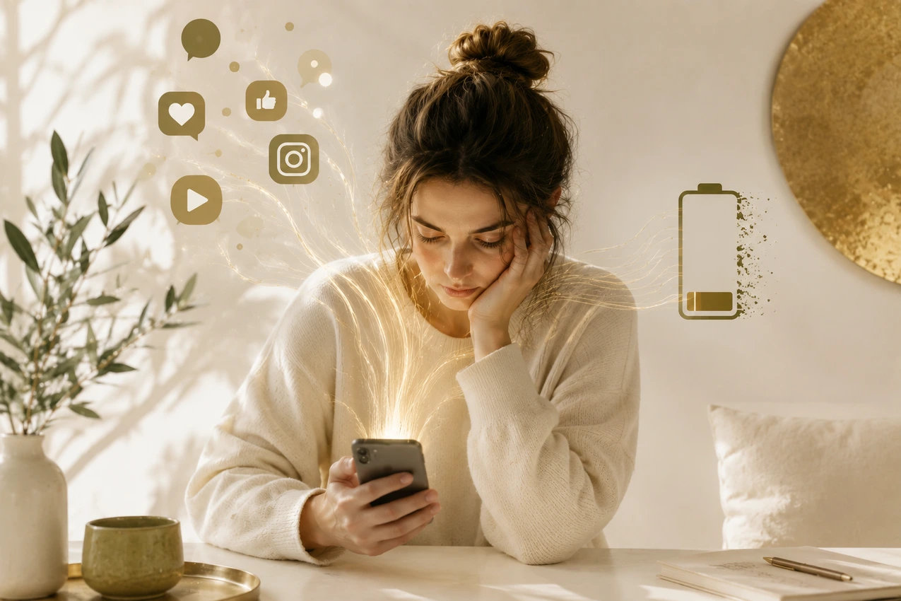 Frau blickt erschöpft auf Smartphone – Auswirkungen von Social Media auf Gehirn, Psyche und Nervensystem