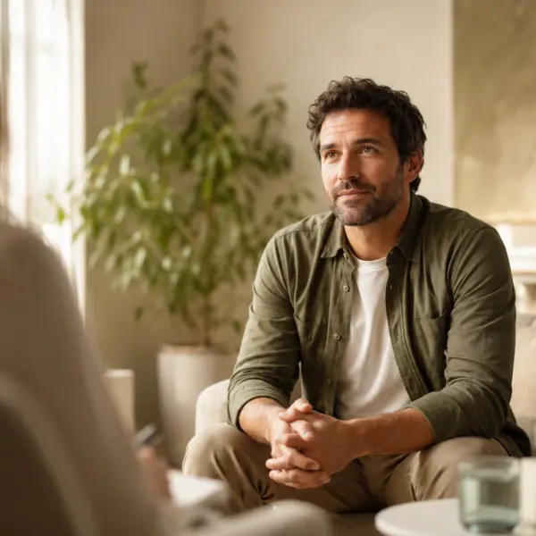 Erstgespräch Psychotherapie mit einem Mann in einer ruhigen Praxis in Kassel