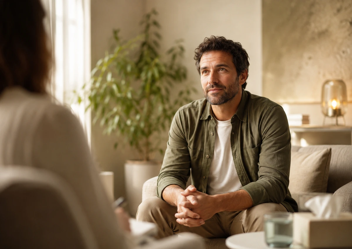 Erstgespräch Psychotherapie mit einem Mann in einer ruhigen Praxis in Kassel